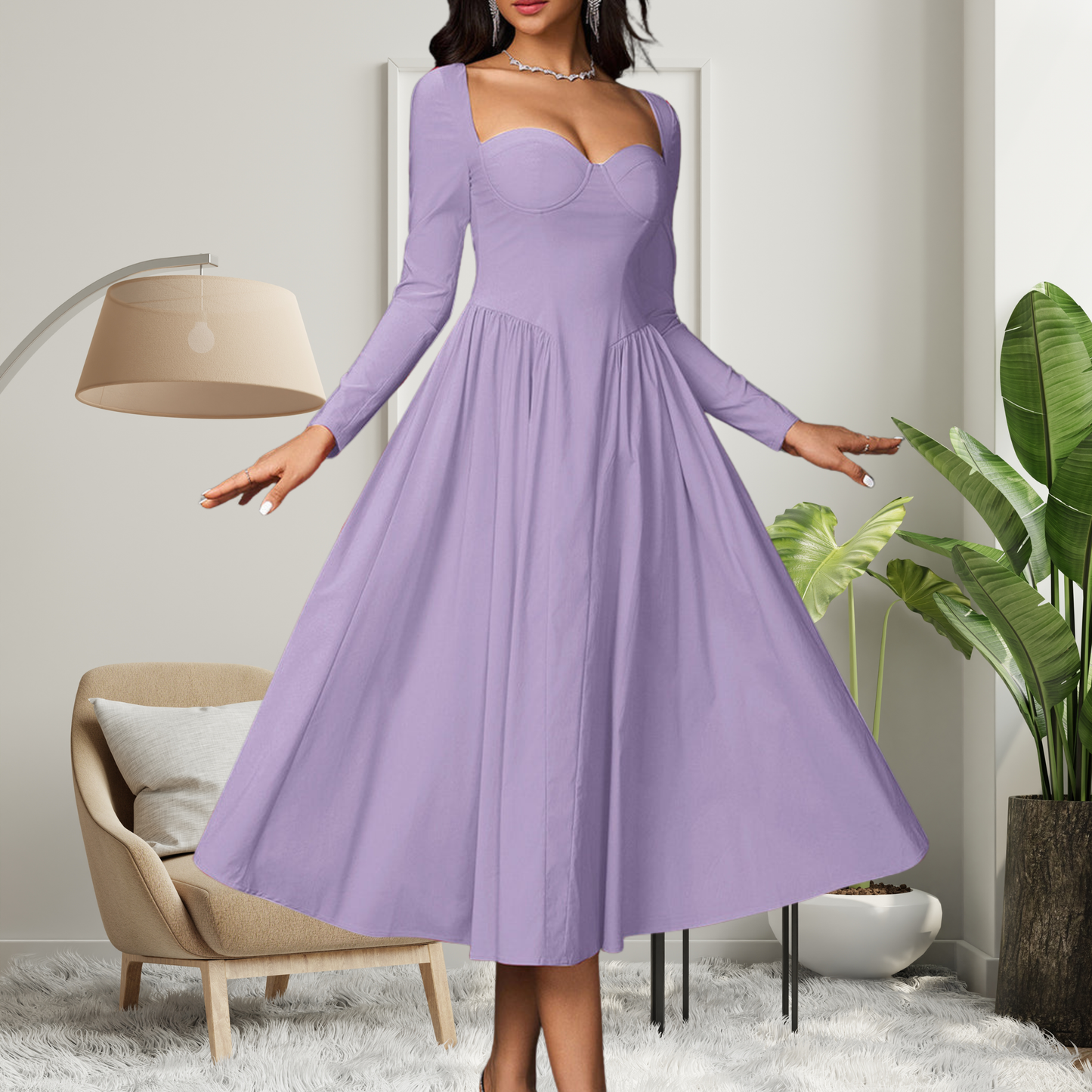 Chic V Neck Long Sleeve Maxi Dress