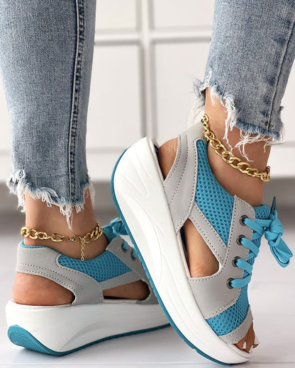 Contrast Paneled Cutout Lace-up Muffin Sandals