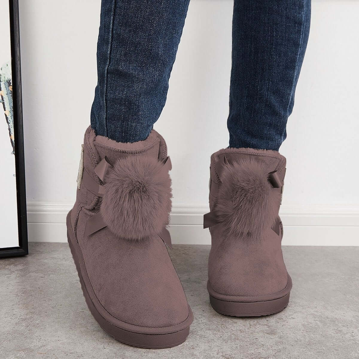 Warm Faux Fur Ankle Snow Boots Pompom Winter Booties