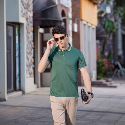 Men's Casual Cotton Short-Sleeve Polo Shirt with Lapel Collar