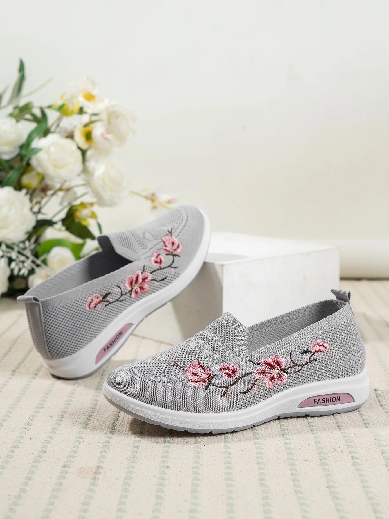 Sporty Sneakers For Women, Floral Embroidered Slip On Rocking Shoes