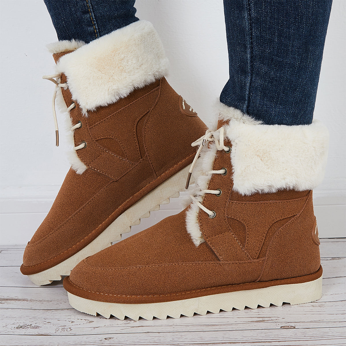 Warm Fur Lined Snow Boots Lace Up Chunky Low Heel Ankle Booties