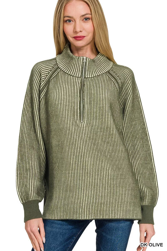Two Tone Thick Zip Up Sweater - OutfitLondon