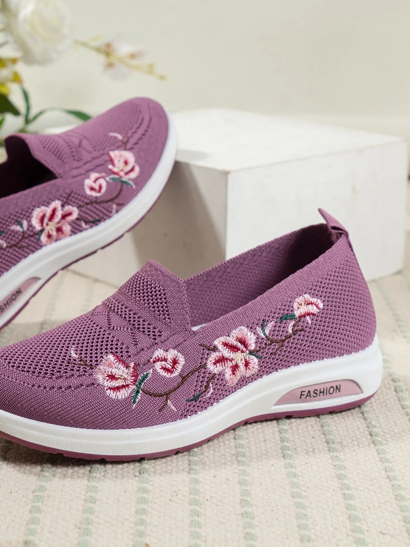 Sporty Sneakers For Women, Floral Embroidered Slip On Rocking Shoes