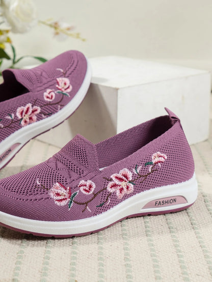 Sporty Sneakers For Women, Floral Embroidered Slip On Rocking Shoes