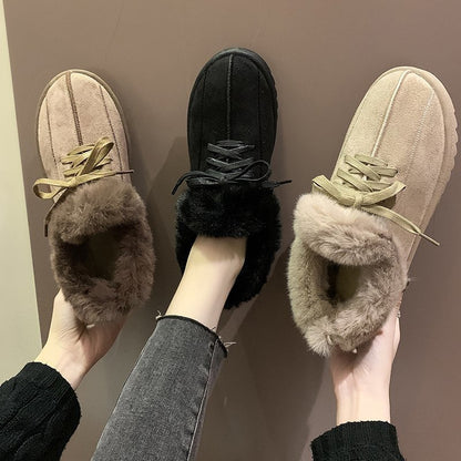 Warm Lace Up Flats Plush Faux Fur Lined Snow Ankle Boots