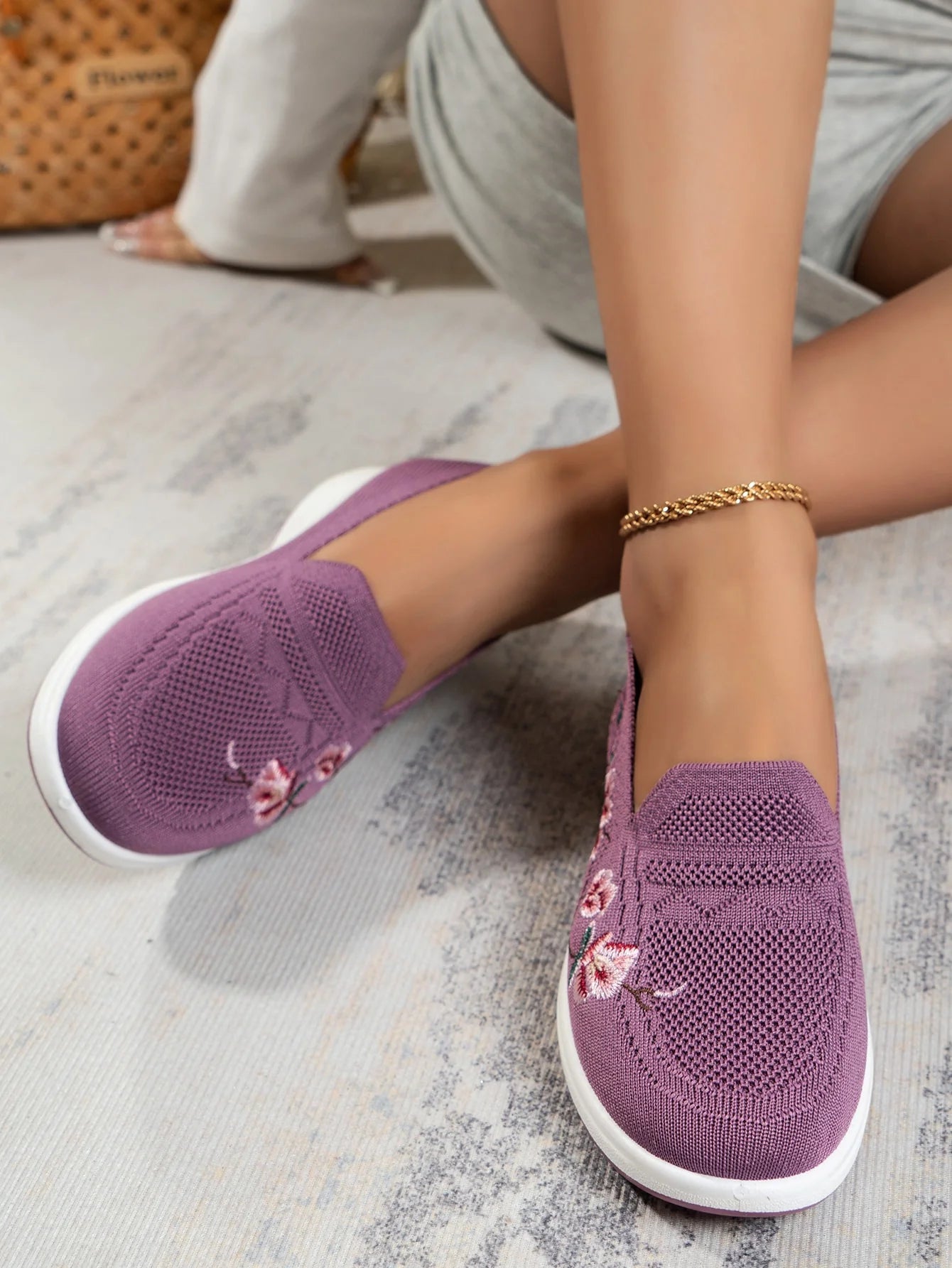 Sporty Sneakers For Women, Floral Embroidered Slip On Rocking Shoes