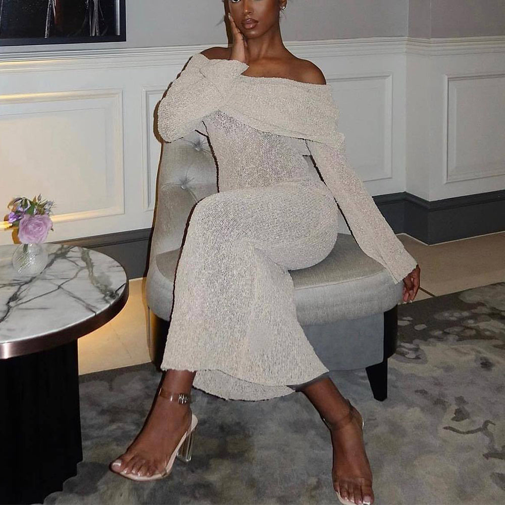 Women's Elegant Knitted Off-Shoulder Long Sleeve Dress