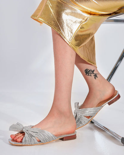 Pleated Bow Open Toe Comfort Slip On Slide Flat Sandals