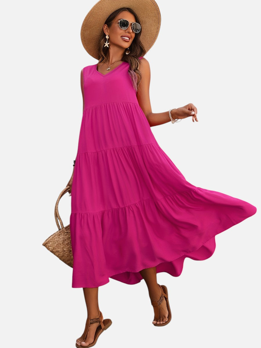Women's Elegant V-Neck Tiered Maxi Dress