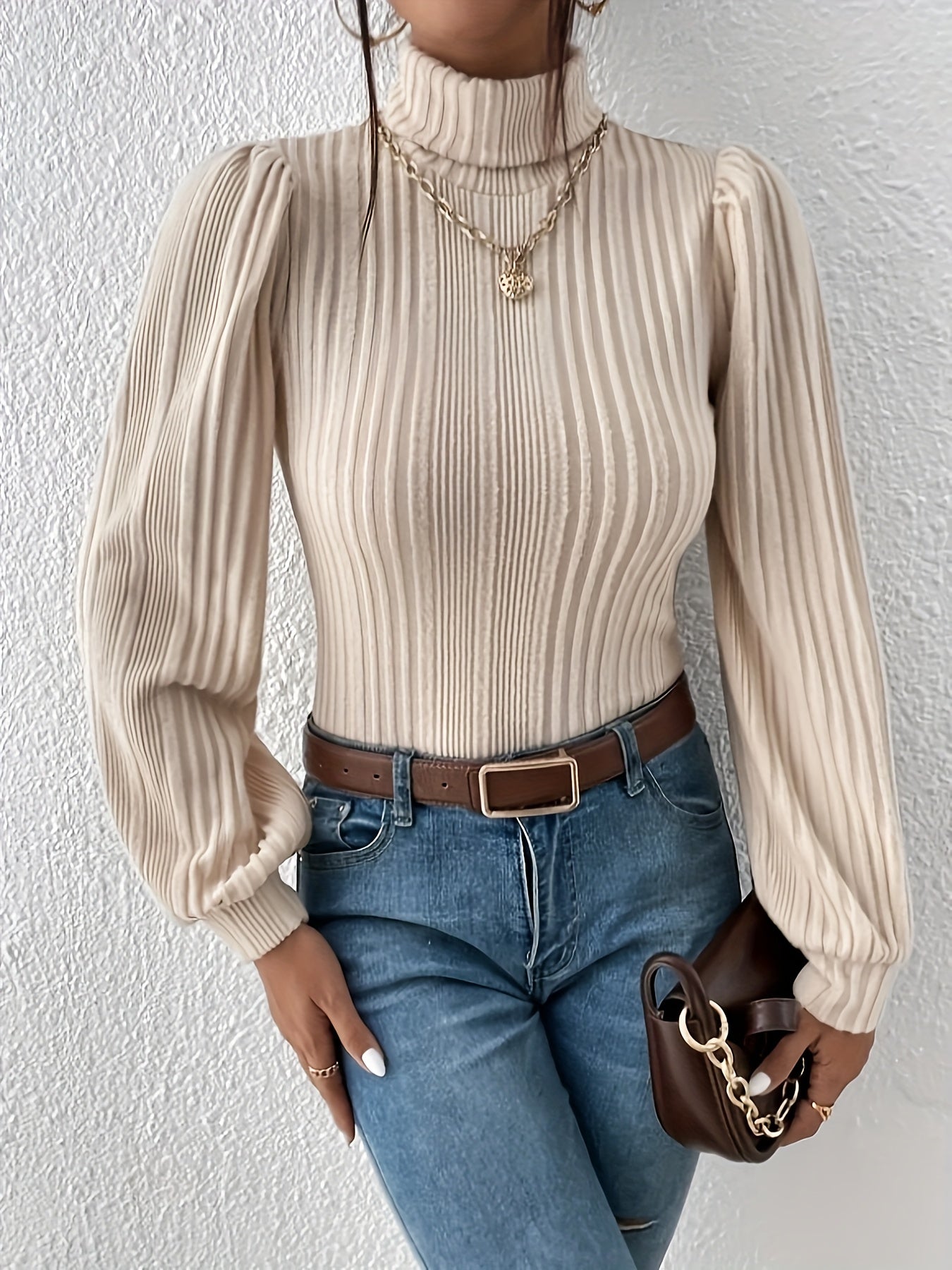 Cozy Beige Ladies Cable Knit Turtleneck Jumper - OutfitLondon