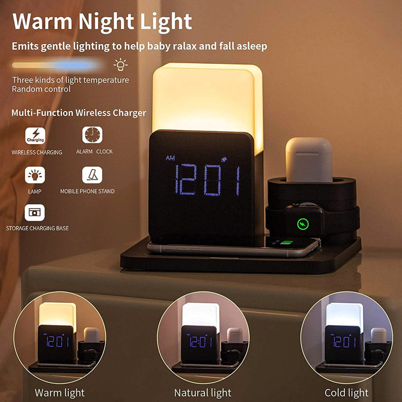 4 In 1 Fast Wireless Charger Station & Lamp With Alarm Clock