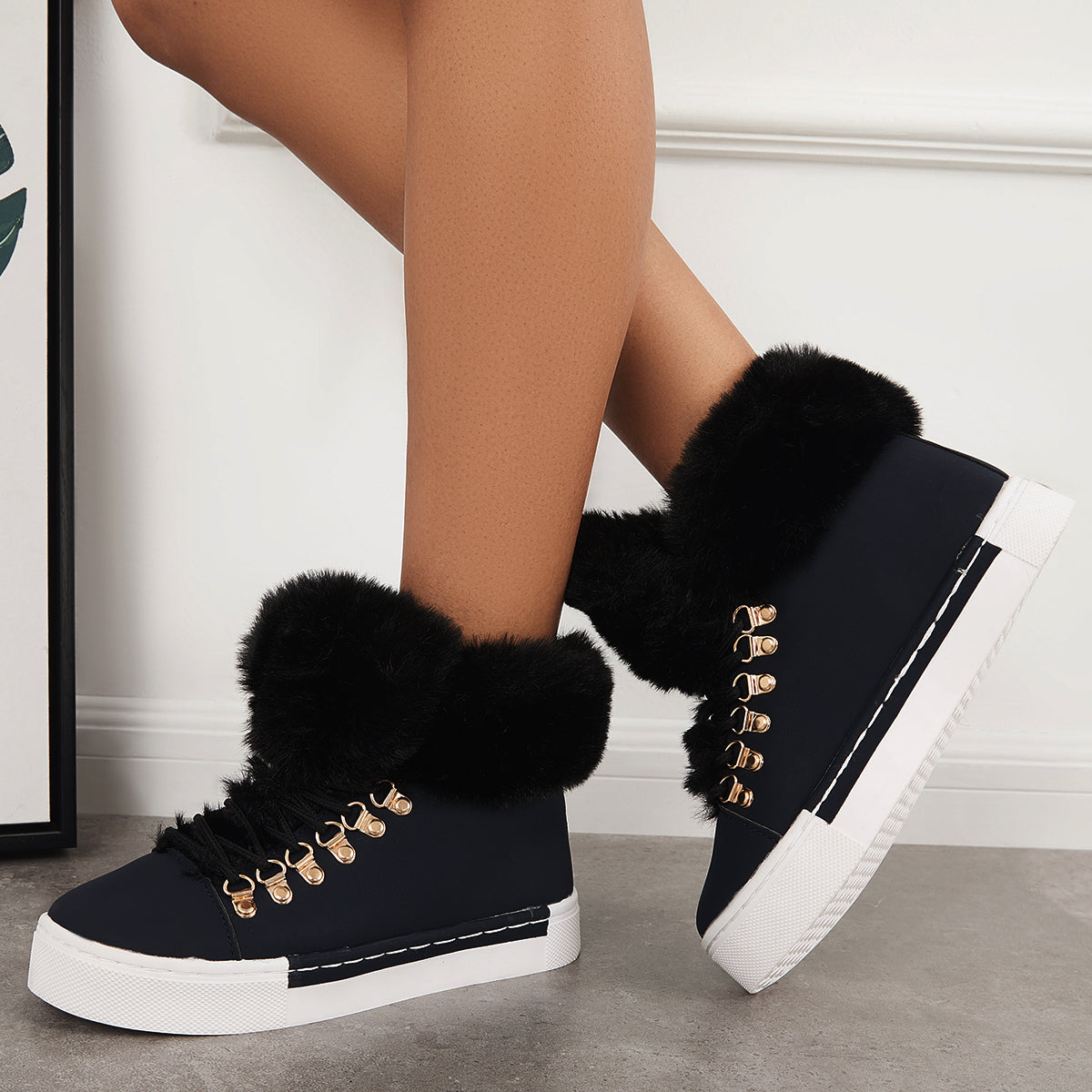 Platform Lace Up Warm Fur Lined Sneakers Flat Ankle Boots