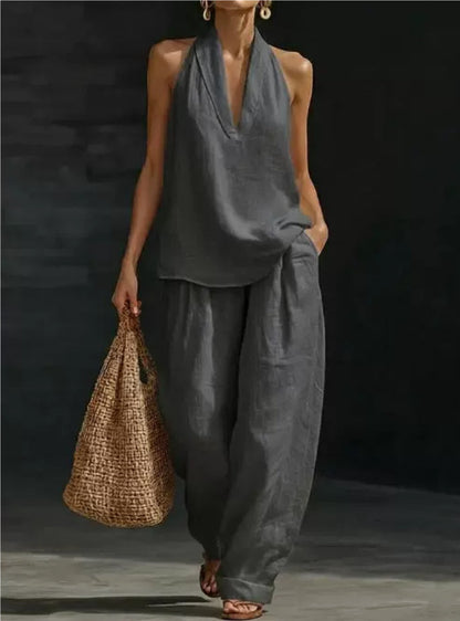 Women's Casual V-Neck Halter Cotton Top and Wide-Leg Pants Set