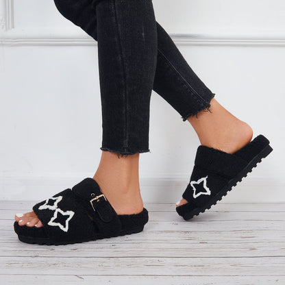 Open Toe Fluffy Slippers Faux Fur Lining Soft Footbed Shoes