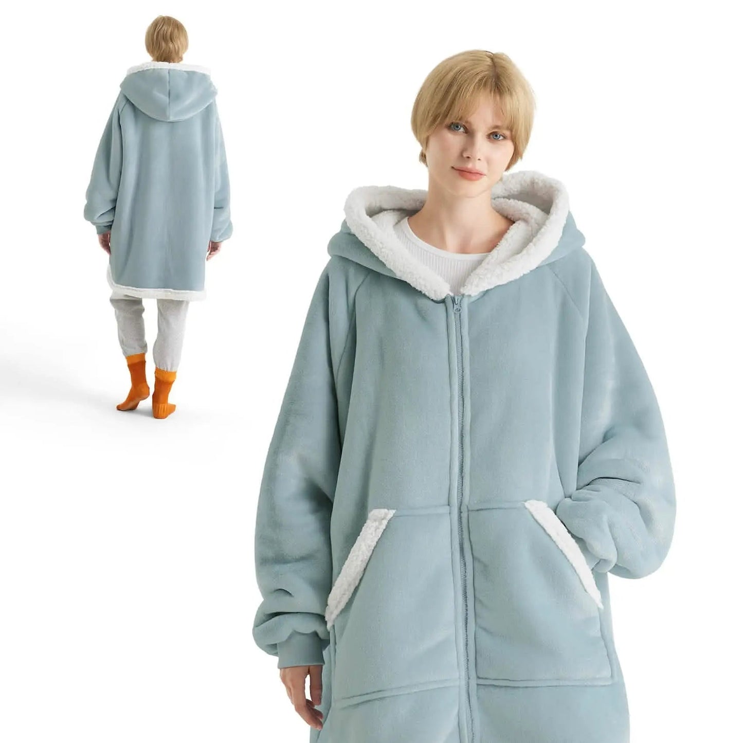 Plush Fleece Wearable Blanket Hoodie - Warm Zip Up