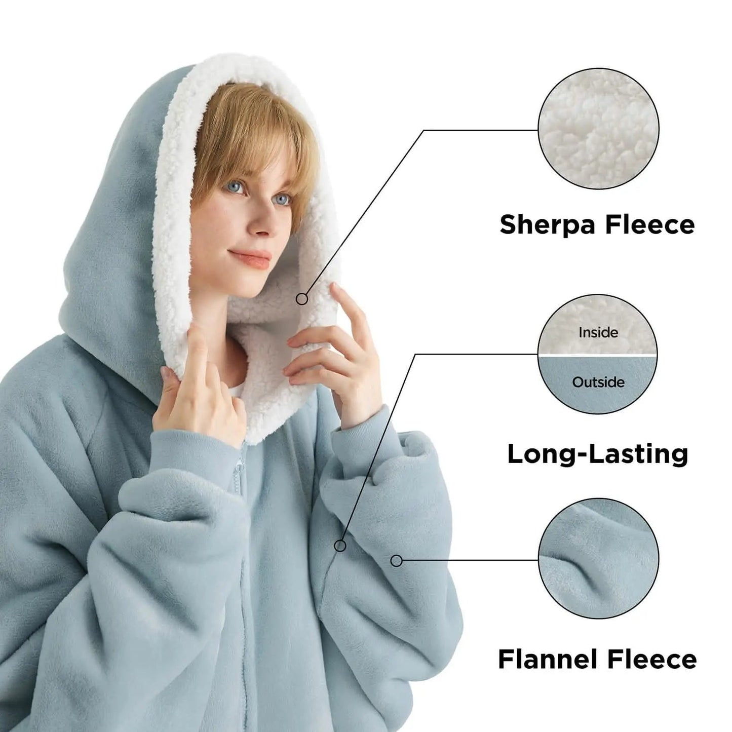 Plush Fleece Wearable Blanket Hoodie - Warm Zip Up
