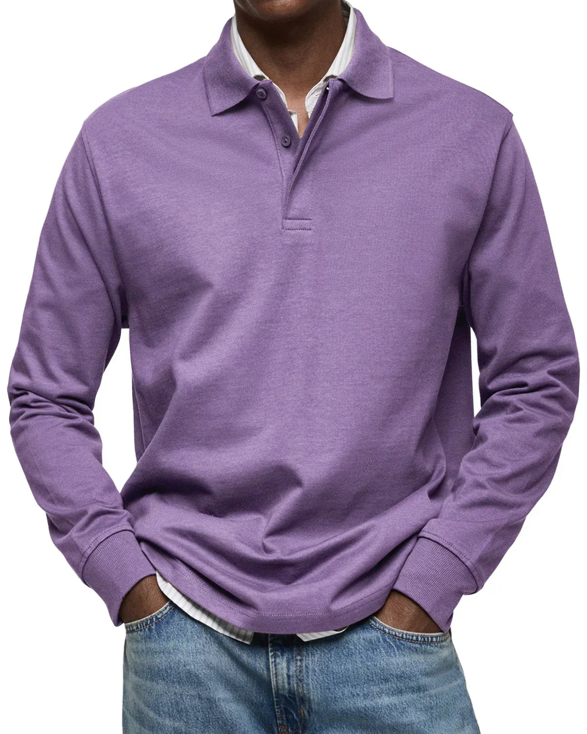Men's Simple Long Sleeve Polo Top - Everyday Basic Tee