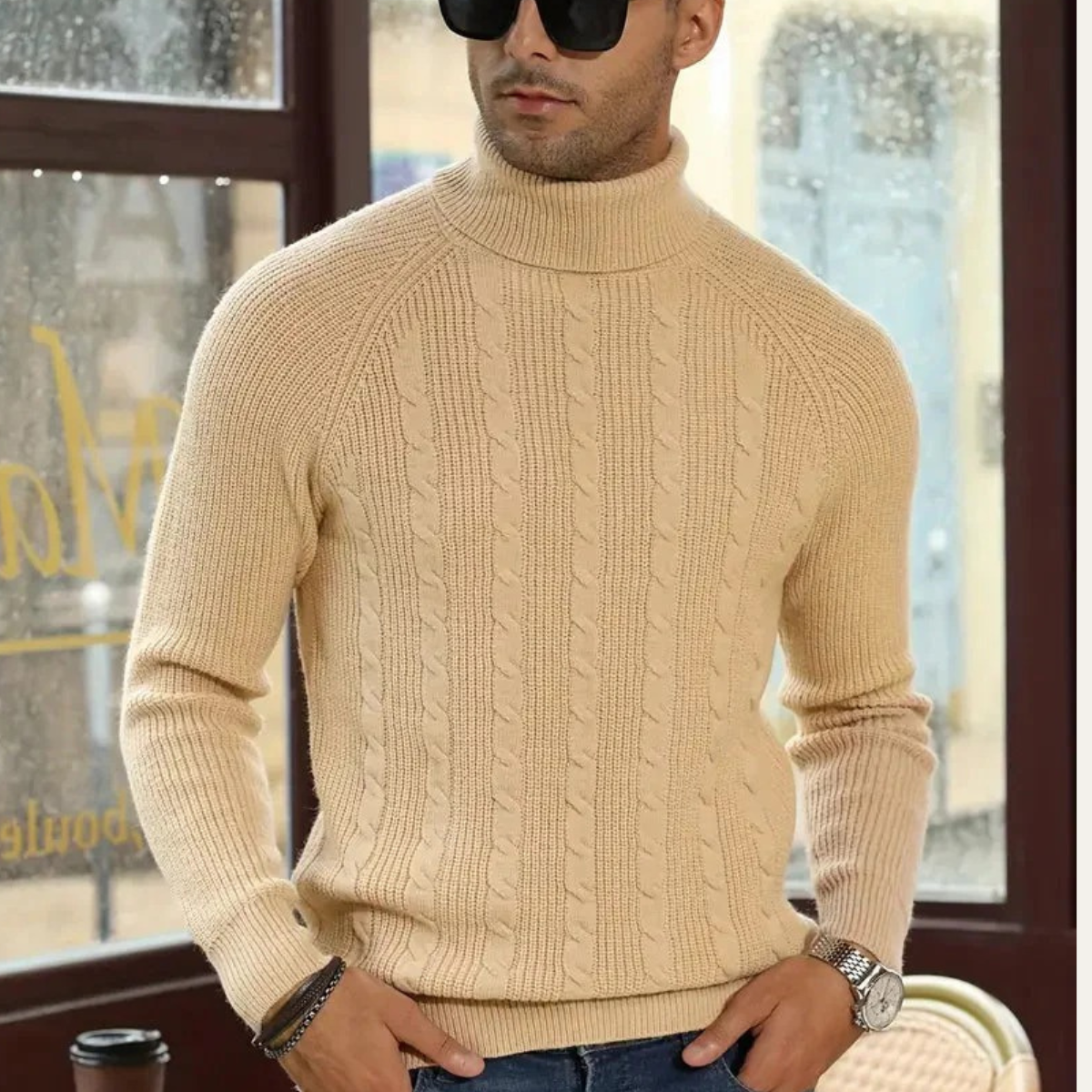 Luxury Men's Classic Cable Knit Beige Sweater