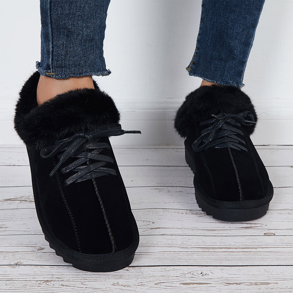 Warm Lace Up Flats Plush Faux Fur Lined Snow Ankle Boots