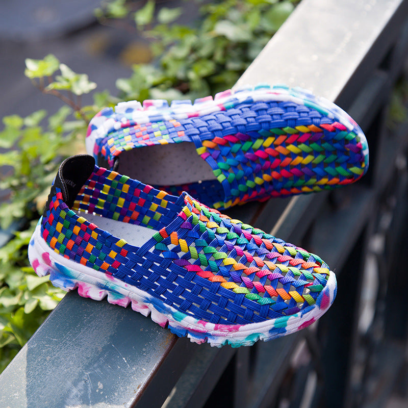 Women Casual Flats Loafers Fantasy Color Mesh Hand Woven Shoes