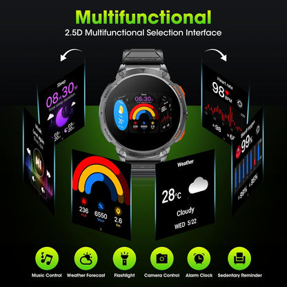 Tactical Mens Smartwatch with HD Display and LED Light