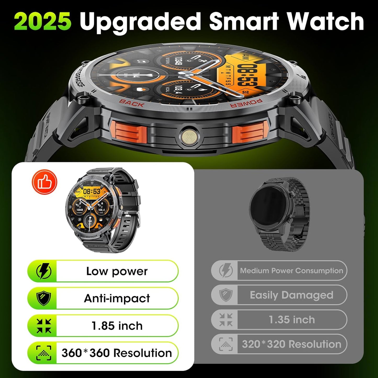 Tactical Mens Smartwatch with HD Display and LED Light