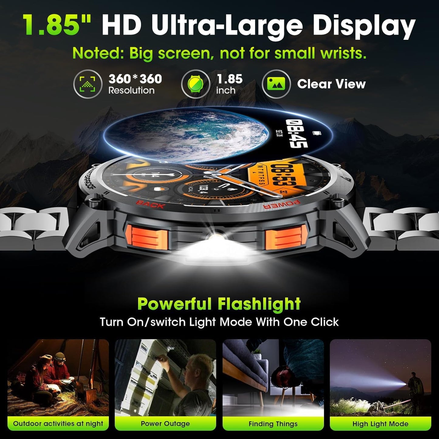 Tactical Mens Smartwatch with HD Display and LED Light