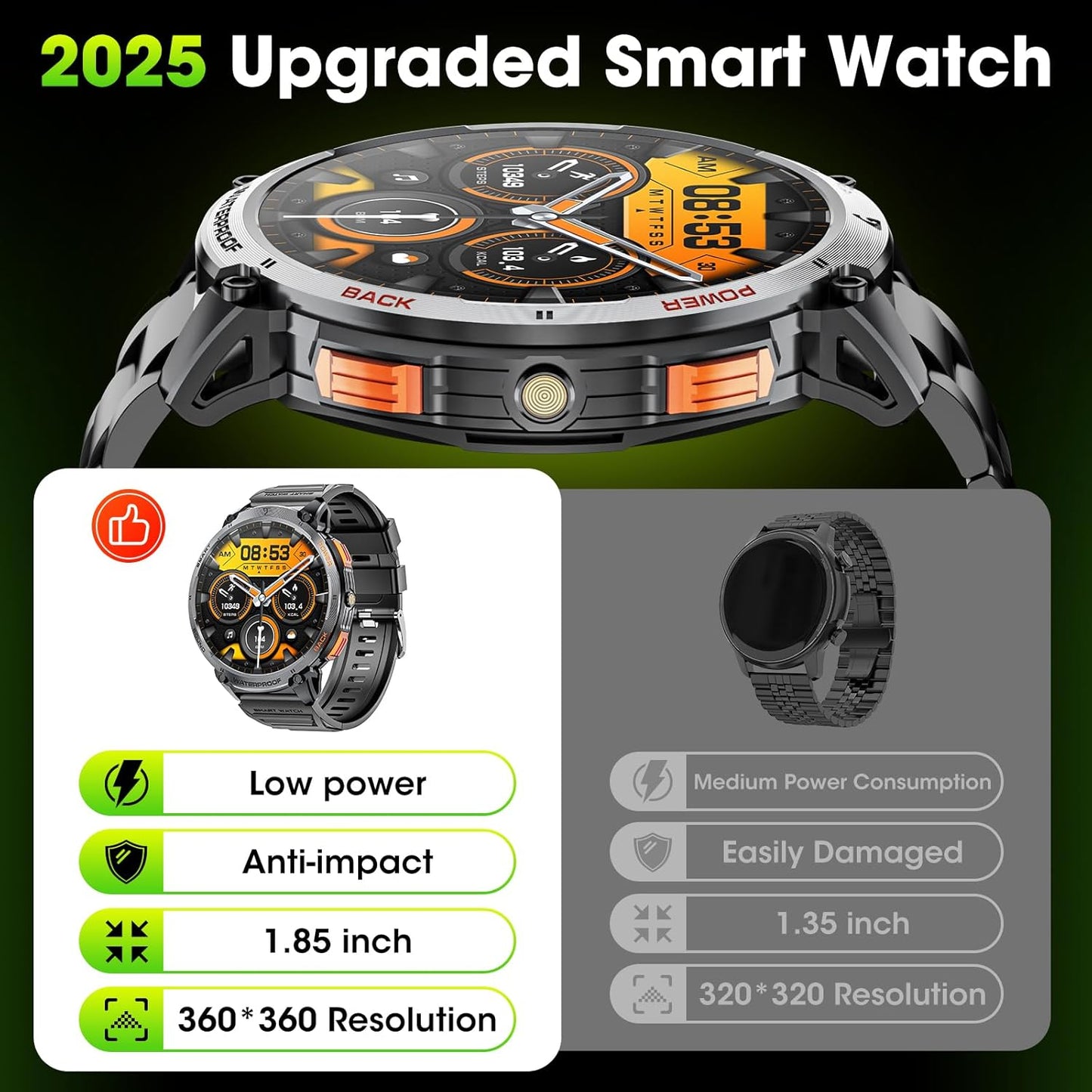 Tactical Mens Smartwatch with HD Display and LED Light