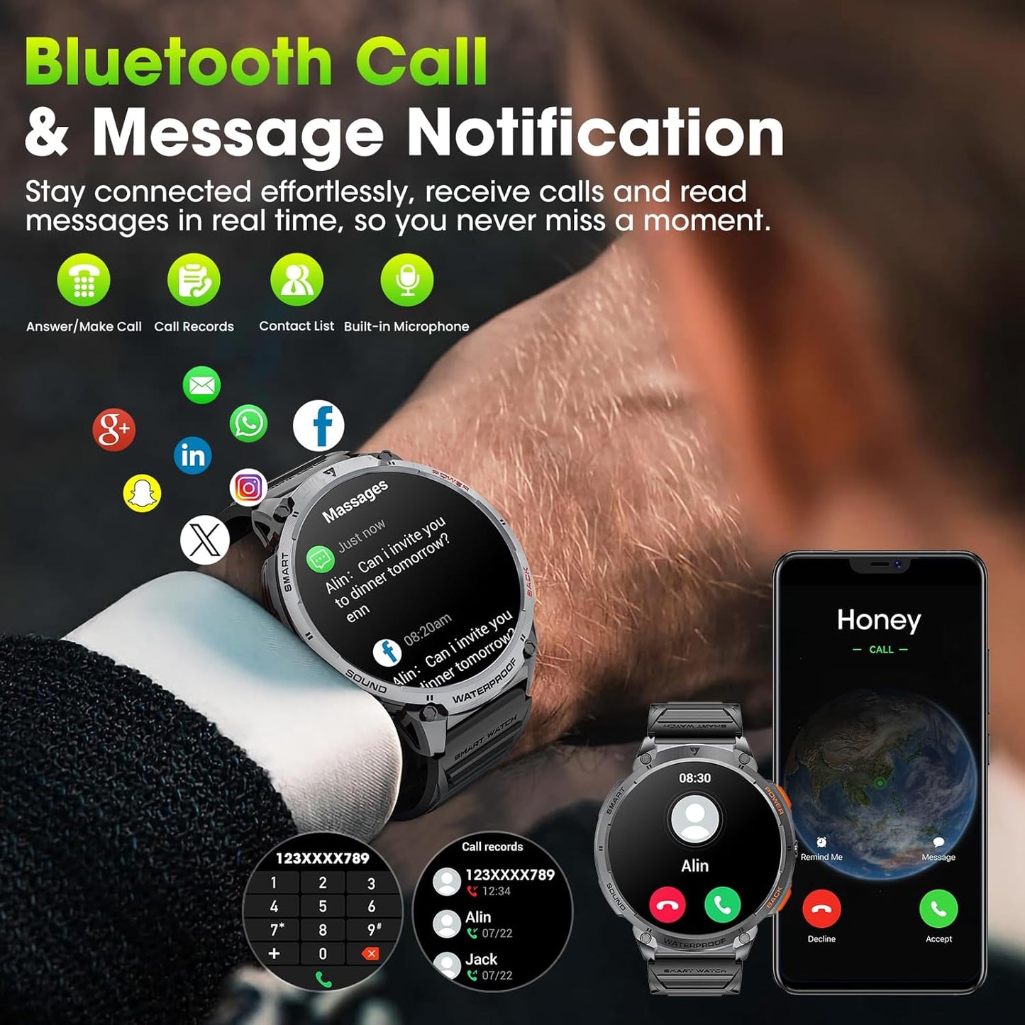 Tactical Mens Smartwatch with HD Display and LED Light