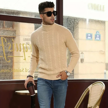 Luxury Men's Classic Cable Knit Beige Sweater
