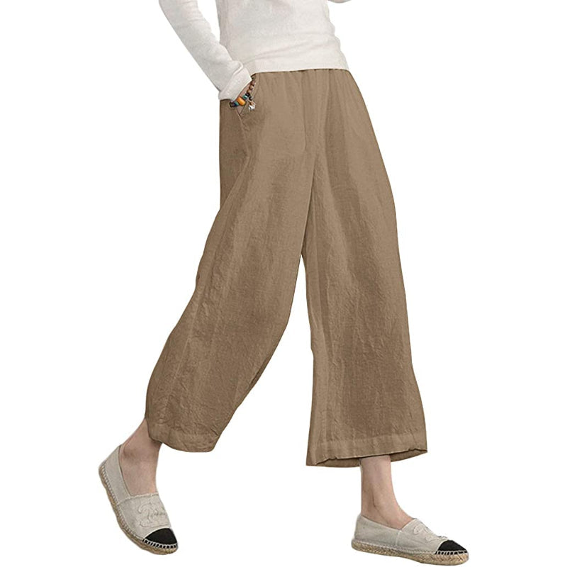 Women Loose Cotton Capris Cropped Wide Leg Pants