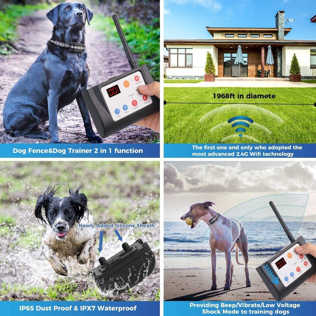 2-in-1 Electric Wireless Fence with Remote, Waterproof, 2 Collar Package