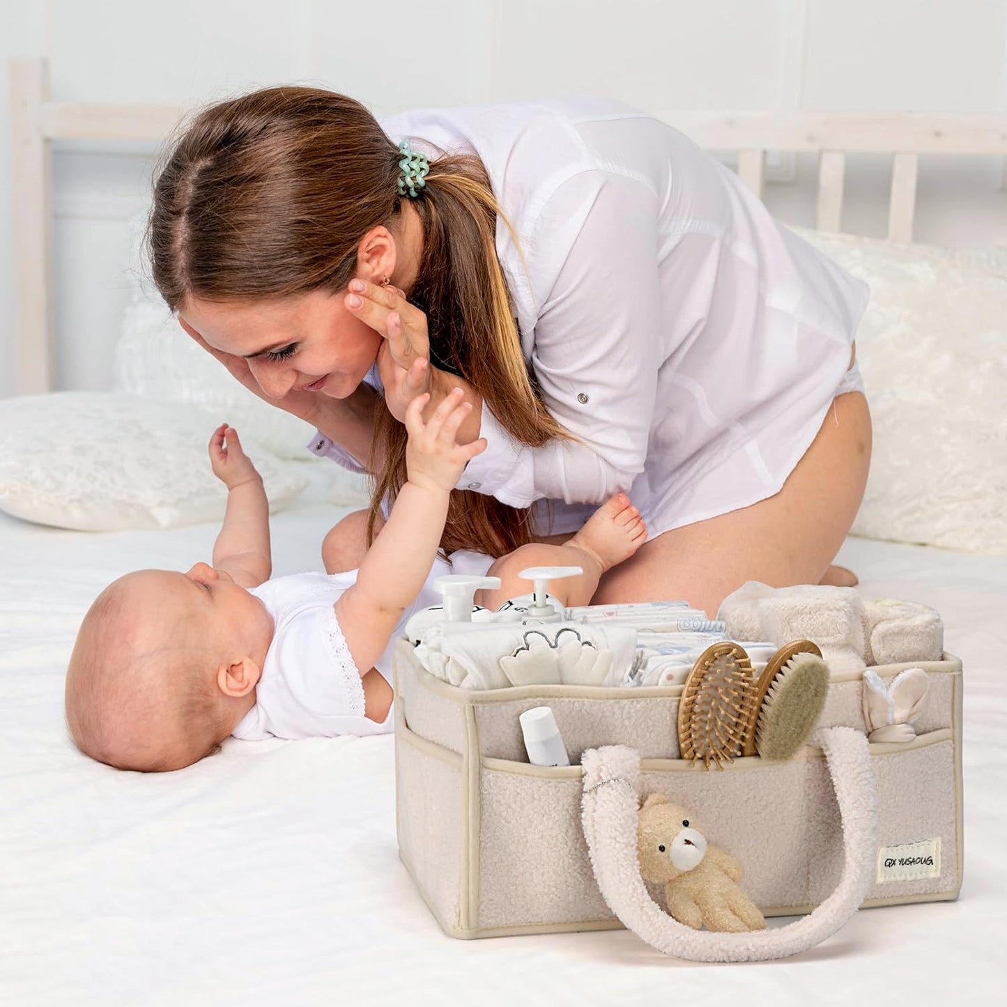 Soft Baby Diaper Storage Basket with Pockets
