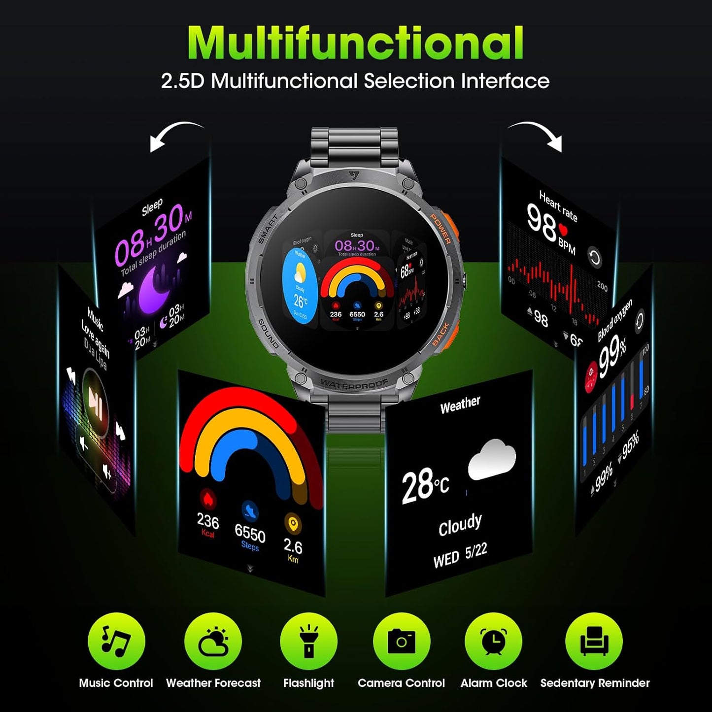 Tactical Mens Smartwatch with HD Display and LED Light