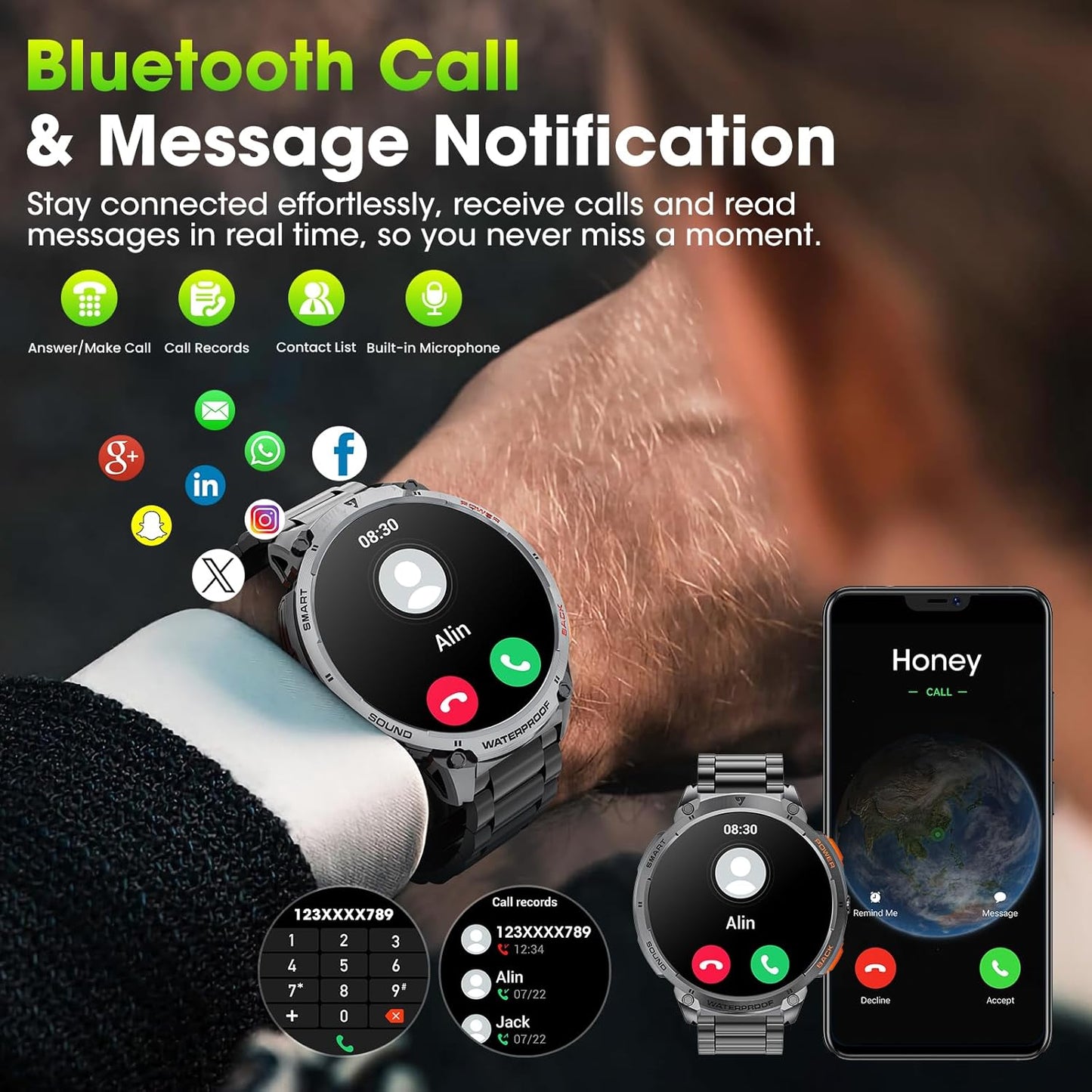 Tactical Mens Smartwatch with HD Display and LED Light