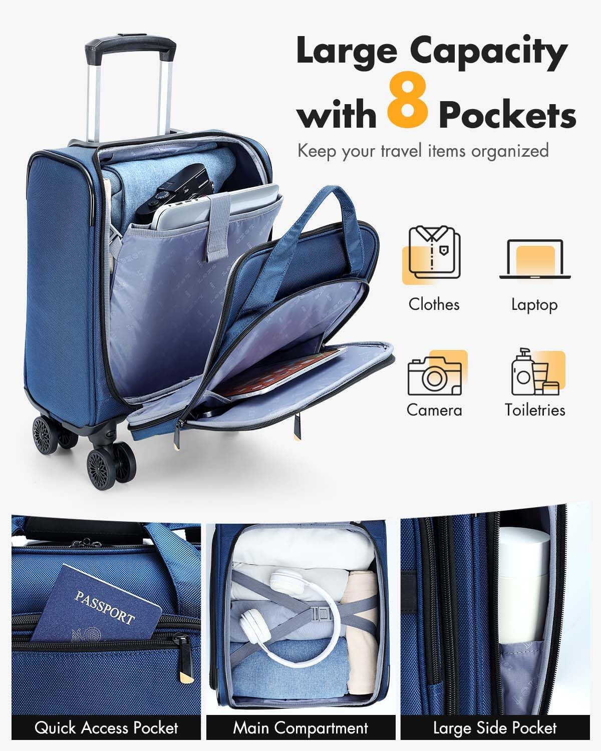 Compact Underseat Luggage with 360 Wheels & Laptop Sleeve