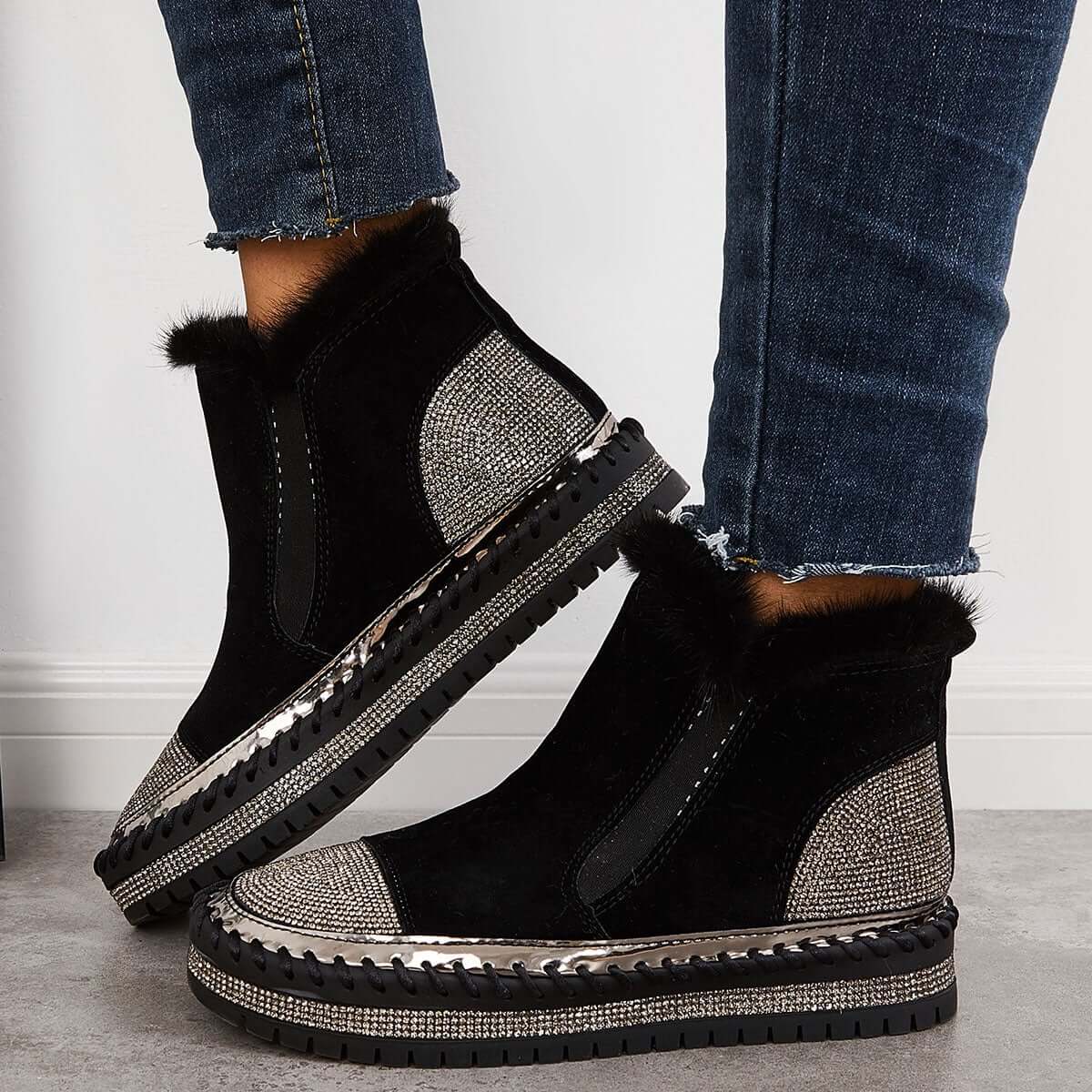 Warm Fur Lined Slip on Loafers Non Slip Ankle Boots