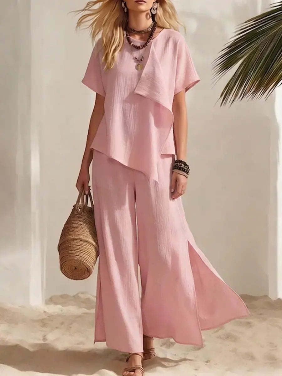 Women's Casual Asymmetrical Short Sleeve Top and Wide Leg Pants Set