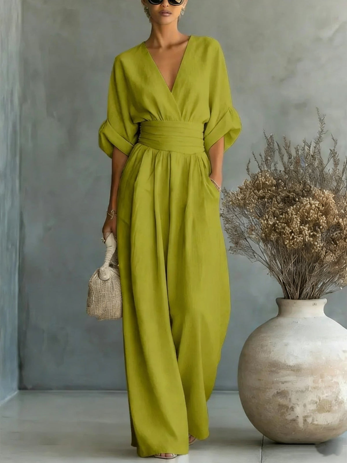 Women's Casual V-Neck Wide Leg Cotton Jumpsuit