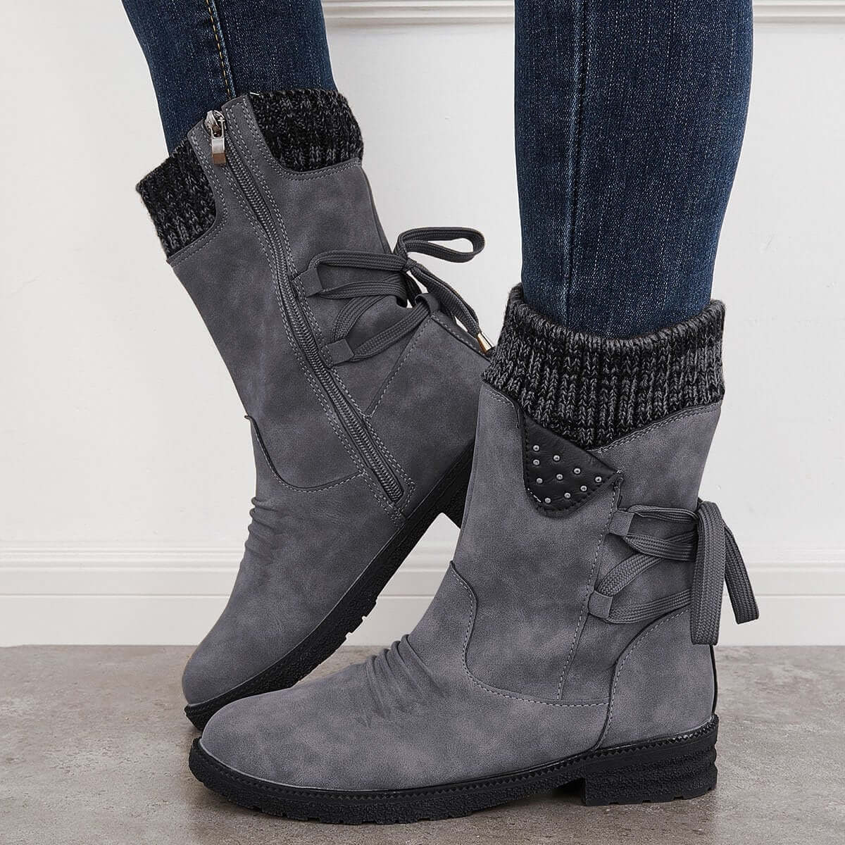 Waterproof Suede Block Heel Ankle Boots Side Zipper Booties