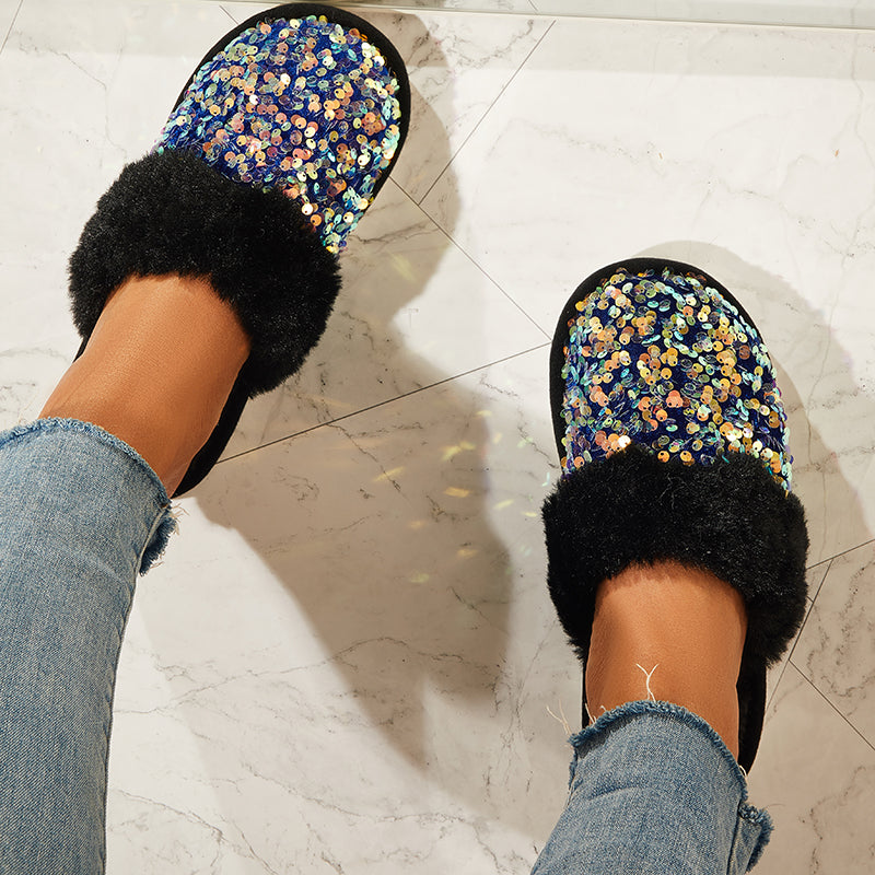 Shiny Warm Faux Fur Mule Slipper Furry Soft Slip on Shoes