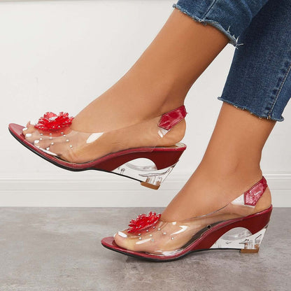 Women's Clear Flower Rhinestone Sparkly Slingback Heels Wedge Sandals