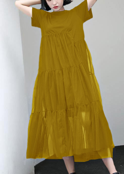 Women's Cotton Trapeze Dress Yellow Patchwork Breathable - OutfitLondon