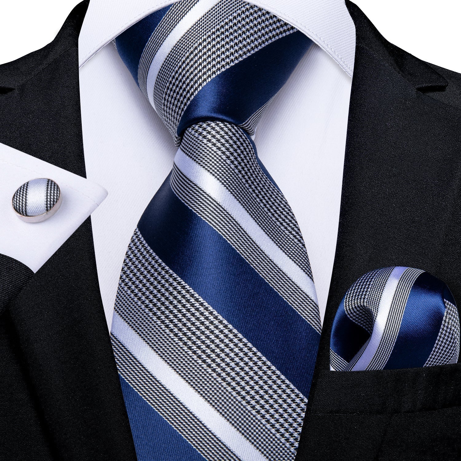 Navy Blue and Grey Patterned Tie Set - OutfitLondon