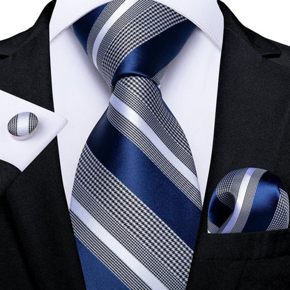 Navy Blue and Grey Patterned Tie Set - OutfitLondon