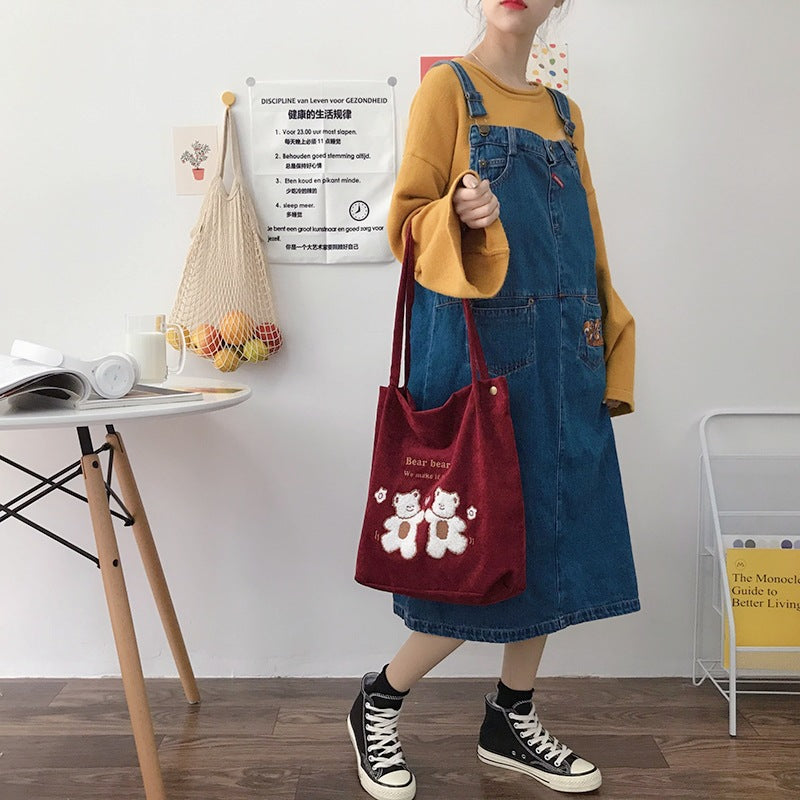 Women's Casual Corduroy Tote Bag with Embroidered Detail