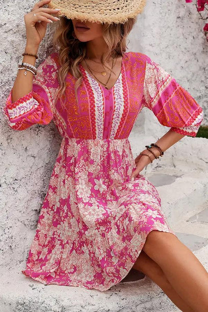 Trendy Floral V Neck Summer Mini Dress - OutfitLondon