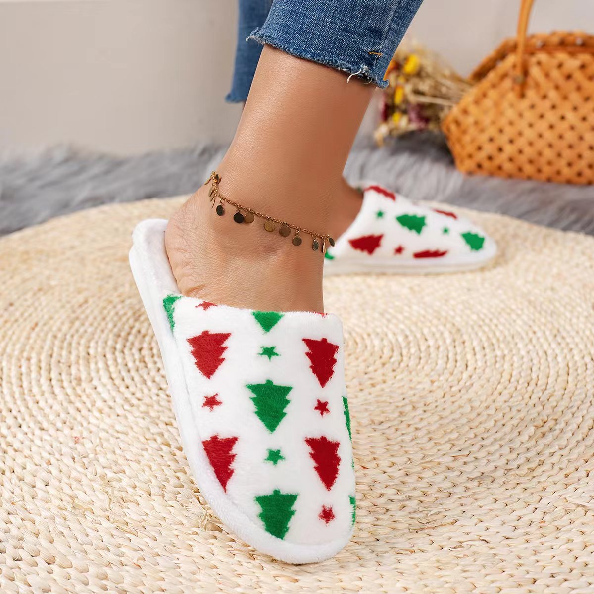 Warm Christmas Fuzzy Fur Slippers Fluffy Slide Shoes