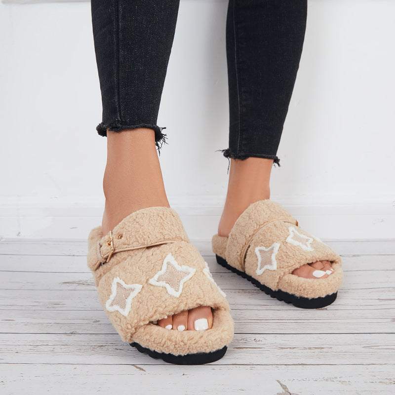 Open Toe Fluffy Slippers Faux Fur Lining Soft Footbed Shoes